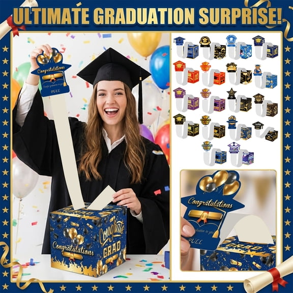 Graduation Surprise Money Gift Box for Cash Pull Out Game Party Decoration and Celebration Lottery Box with 30 Plastic Bags and Adhesive Patch