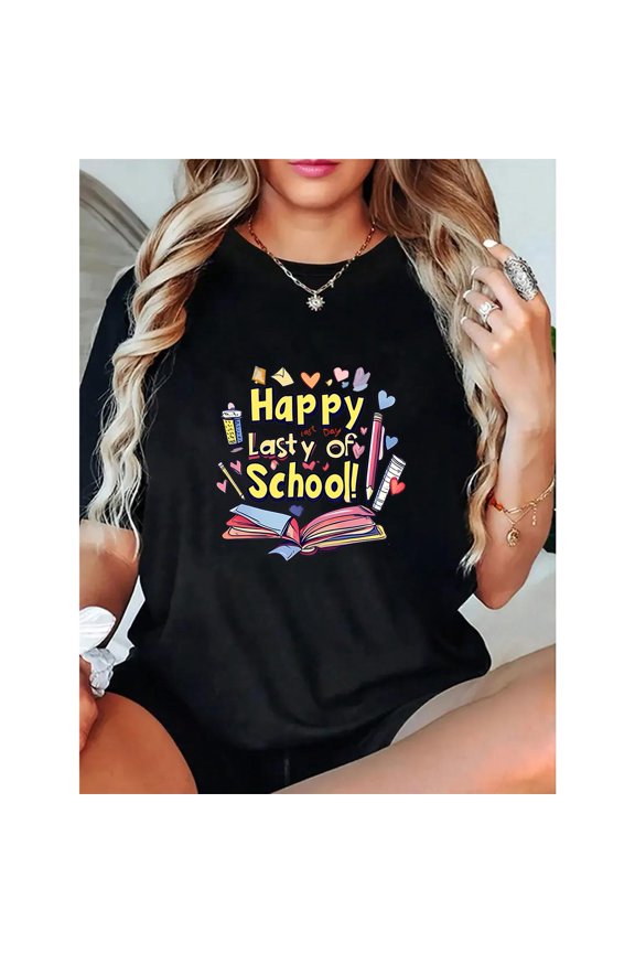 Graduation T-Shirt Happy Last Day Graphic Tee Colorful Backpack Pencil Design Casual Top Black S-5XL