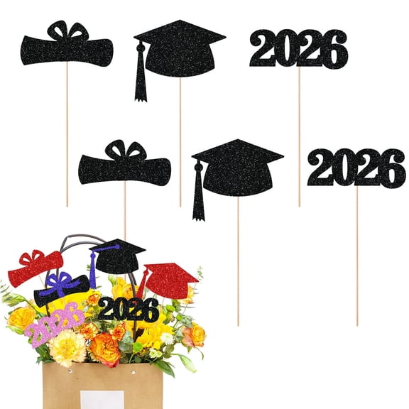 Graduation Table Centerpieces Class of 2026 Glitter Cutouts Grad Cap Sticks for Party Decor Confetti Vase Fillers 6 Pack 12x6 Inch,1Set/6PCS,Black