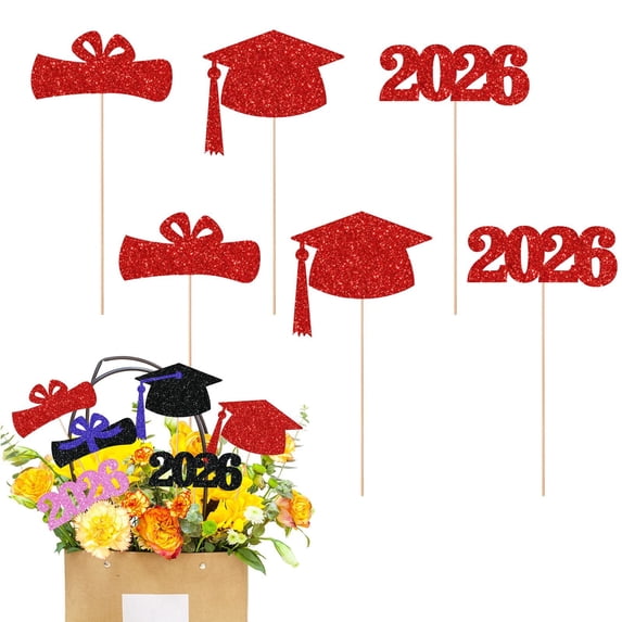 Graduation Table Centerpieces Class of 2026 Glitter Cutouts Grad Cap Sticks for Party Decor Confetti Vase Fillers 6 Pack 12x6 Inch,1Set/6PCS,Red