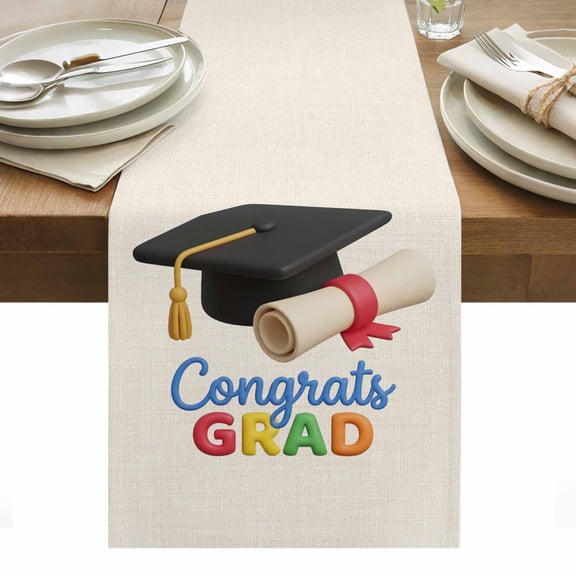 Graduation Table Runner Grad Cartoon School on Linen Tablerunners 13 x 36 Inch, Table Decorations Tabletop Scarf for Summer Gathering Holiday Farmhouse Kitchen Dining Decor