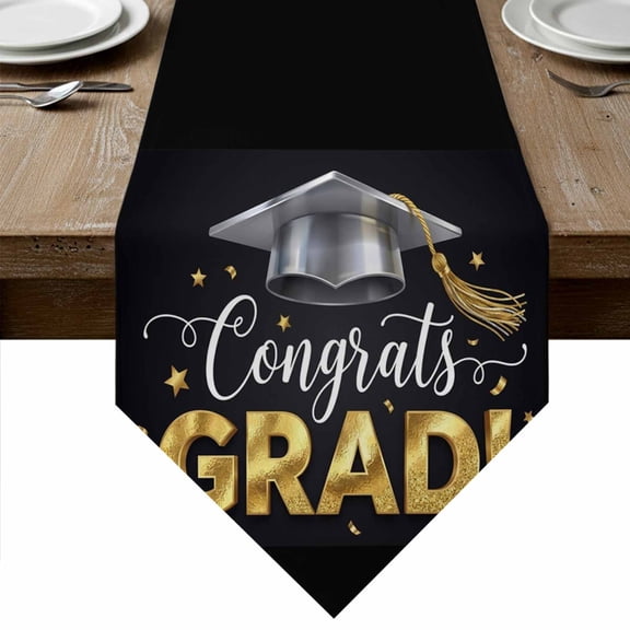 Graduation Table Runner Linen Burlap Table Runner 36 Inches Small School Grad Gold Stars Black Dresser Scarves for Kitchen Island Coffee Dining Room Party Wedding Banquet Holiday Decoration 13"x36"