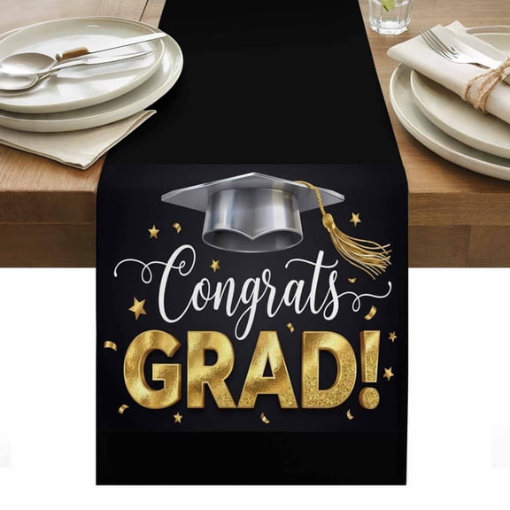 Graduation Table Runner School Grad Gold Stars Black Tablerunners 13 x 36 Inch, Table Decorations Tabletop Scarf for Summer Gathering Holiday Farmhouse Kitchen Dining Decor