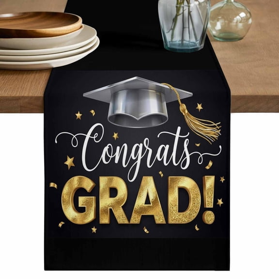 Graduation Table Runner, School Grad Gold Stars Black Washable Cotton Linen Table Runners 36 Inches Long, Dresser Scarf Runner for Nightstand/End Tables/Round Tables 13''x36''
