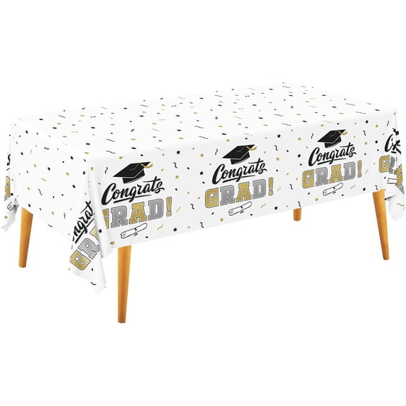 Graduation Tablecloth 60 x 86 In Linen Polyester Blend Table Cover with Wrinkle Resistant Finish, Congrats Grad Party Decoration for Graduation Buffet Dessert Tables White