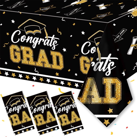 Graduation Tablecloth Class of 2026 Party Decoration Congrats Grad Tablecover Disposable Rectangle Congratulation Table Decor for Party Supplies 108 x 54 Inch 3 Pack Black
