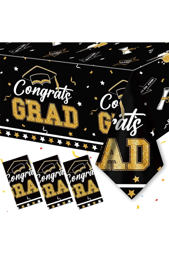 Graduation Tablecloth Class of 2026 Party Decoration Congrats Grad Tablecover Disposable Rectangle Congratulation Table Decor for Party Supplies 108 x 54 Inch 3 Pack Black