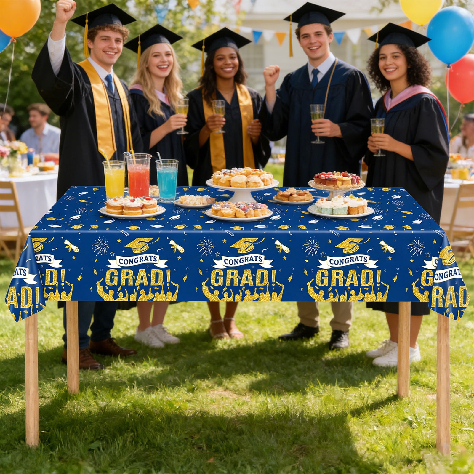 Grad Table Linen Graduation Tablecloth - Congrats Grad Table Cloths, PEVA Disposable ...
