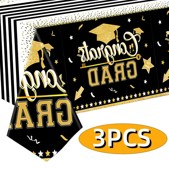 Graduation Tablecloth Decorations Graduation Party Supplies Disposable Gongrats Grad Tablecover Party Favors 54"x108" 3 pcs Patten 3 Black