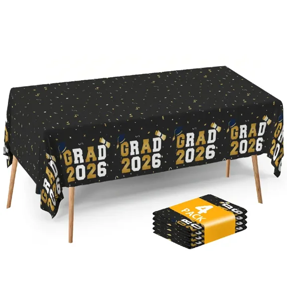 Graduation Tablecloths (4-Pack) - 54x108" Class of 2026 Commencement Party Disposable Plastic Table Covers for 8-Ft Tables | Essentials Graduation Party Decorations & Supplies with GRAD 2026 Blue