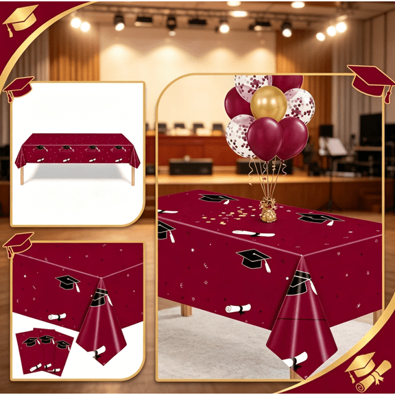 Graduation Tablecloths Graduation Party Table Decorations Extra-Long Plastic Tablecloth 54"x108" Disposable Waterproof Burgundy for College & High School Grad Party