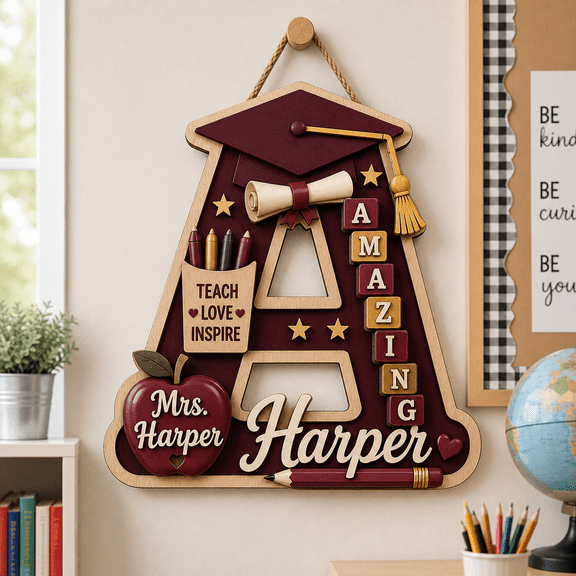 Graduation Teacher Initial Burgundy Wooden Sign Classroom Door Decor