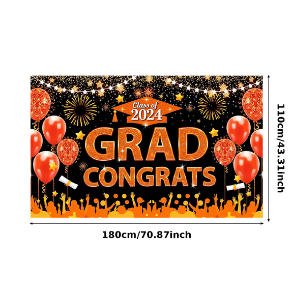 Graduation Theme 2024 Banner Orange Balloons Congrats Backdrop for Graduation Celebration Party Decor Ceremony