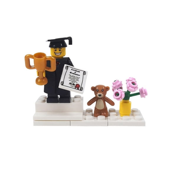 Graduation Themed Brick-Built Minifigure Accessories Set Custom Graduation Gown, Cap, Diploma, Trophy, and Decorative Pieces for Minifigure Display, Graduation Gifts, and Collectible Building Toys