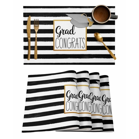 Graduation Top Hat Placemats Set of 2 White Black Striped Abstract Art Heat Insulation Washable Place Mats, Rustic Non-Slip Table Mats for Dining Table Party Kitchen Decor,13x19 Inch