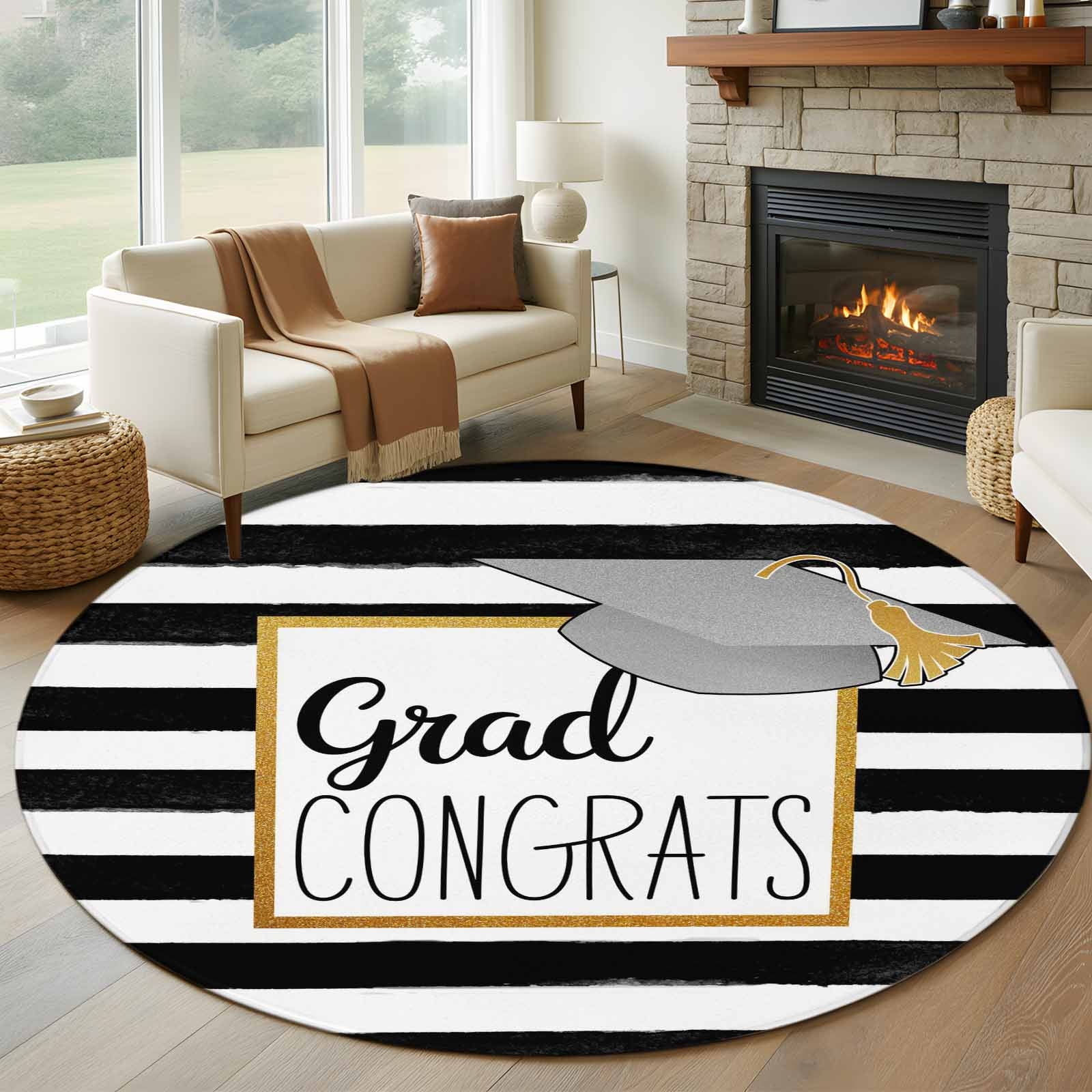 Graduation Top Hat Round Living Room Rugs 6 ft, White Black Striped Abstract Art Washable Area Rug with Non-Slip Sturdy Edge Binding Round Carpet for Kitchen Office Bedroom