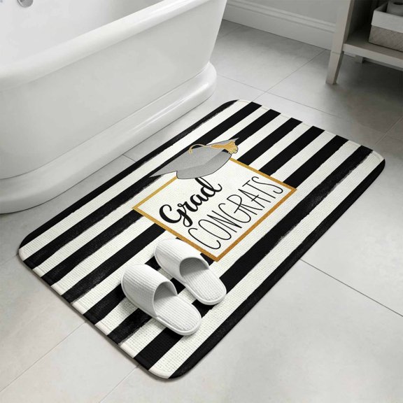 Graduation Trencher Cap Bathroom Rugs Non Slip Washable Bath Mat Absorbent Front Door Mat Farmhouse White Black Horizontal Stripes Indoor Doormat for Kitchen Entryway Shower Decor 19.7"x31.5"