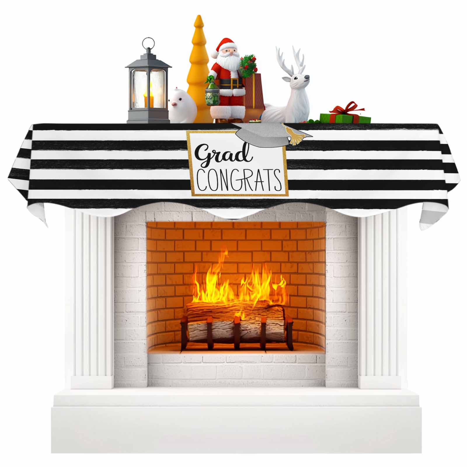 Graduation Trencher Cap Fireplace Mantel Scarf Table Runner, Farmhouse White Black Horizontal Stripes Winter Garland Mantel Top Tablerunners Dresser Scarves Cover Decor for Party Living Room 60"x17"