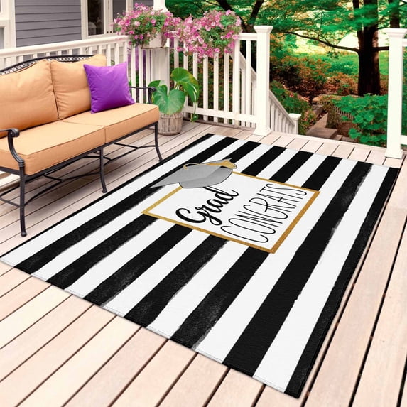 Graduation Trencher Cap Outdoor Rug 4x6 Ft, Non Slip Washable Area Rug, Farmhouse White Black Horizontal Stripes Patio Rugs Carpet Runner, Large Floor Mat for Indoor/Outdoor Deck Porch Camping