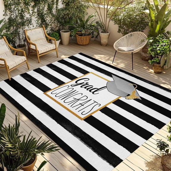 Graduation Trencher Cap Outdoor Rug 5x8 Ft - Reversible Patio Rug Outdoor Camping Rugs, Farmhouse White Black Horizontal Stripes Indoor Outdoor Area Rugs, Non-Slip Outdoor Carpet for Deck/Porch