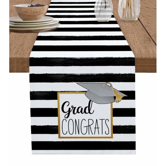 Graduation Trencher Cap Table Runner 108 Inches, Farmhouse White Black Horizontal Stripes Bed Runner Dresser Scarves Tabletop for Indoor Outdoor Parties/Ceremony/Banquet, 13"x 108"