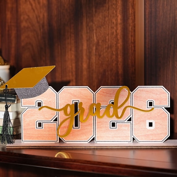 Graduation Wooden Tabletop Sign Decor with Stand, Natural Wood Keepsake Gift for Class of 2026 Party Table Centerpiece or Photo Display Shelf (30x14cm)