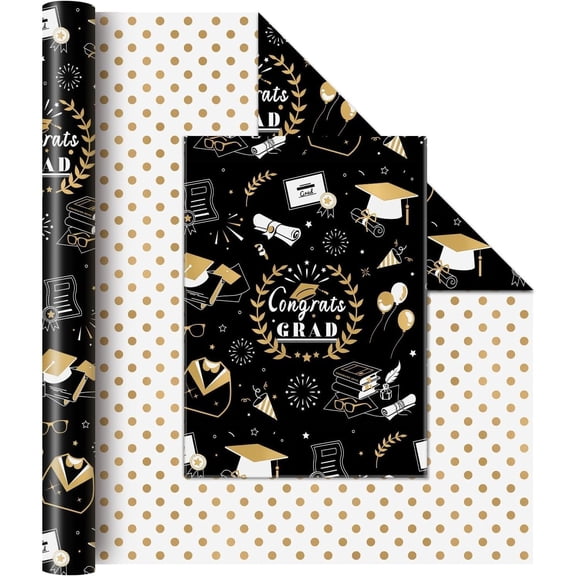 Graduation Wrapping Paper - 1 Roll 17 x 33 ft Grad Gift Wrap Paper Reversible Black Gold Design for Grade Class Graduation Congrats Present Wrapping Paper Back to School Party Decorations