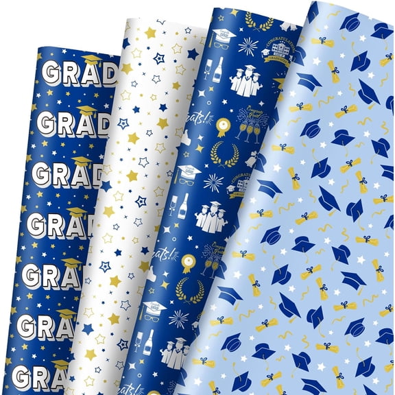 Graduation Wrapping Paper -Not Roll- Blue White Gold Grad Hat Star Gift Wrap Paper Folded Flat for 2026 Congrats Grad Party Gift Packing Decor, 19.7 x 27.6 Inch, 8 Sheets