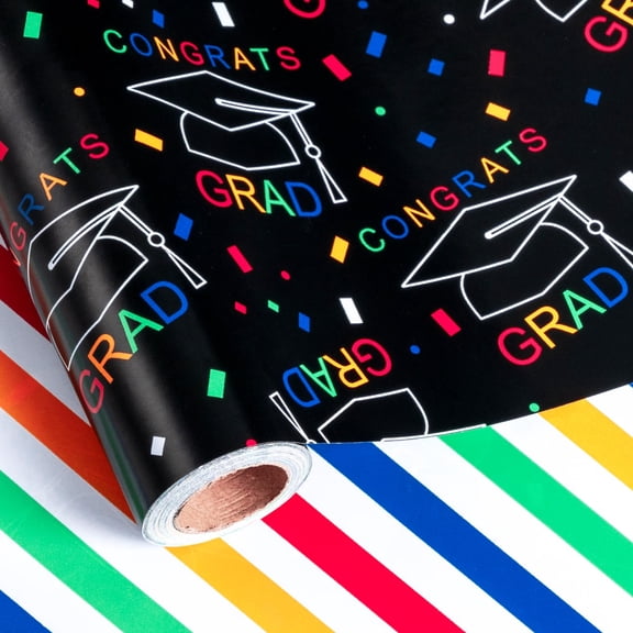 Graduation Wrapping Paper Roll, Pink Mini Roll, Trencher Cap & Stripe, Congrats Grad Reversible Design for Class of 2026 Graduation Gifts Wrap, 17 inches x 32.8 Feet