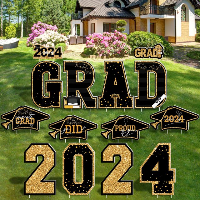 Graduation Yard Sign, 14 PCS Black Gold Large Congrats Grad Lawn Sta