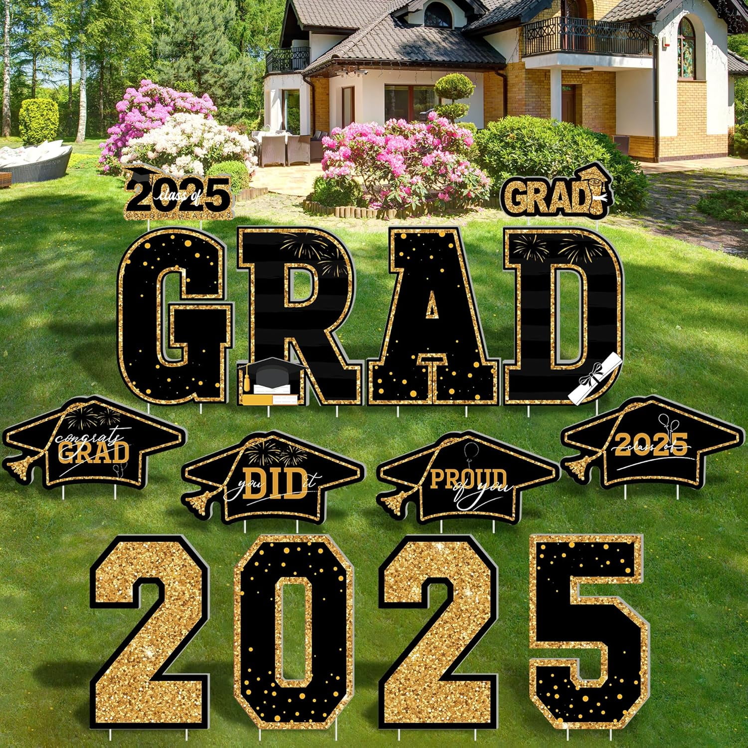 Graduation Yard Sign, 14 PCS Black Gold Large Congrats Grad Lawn Stakes ...