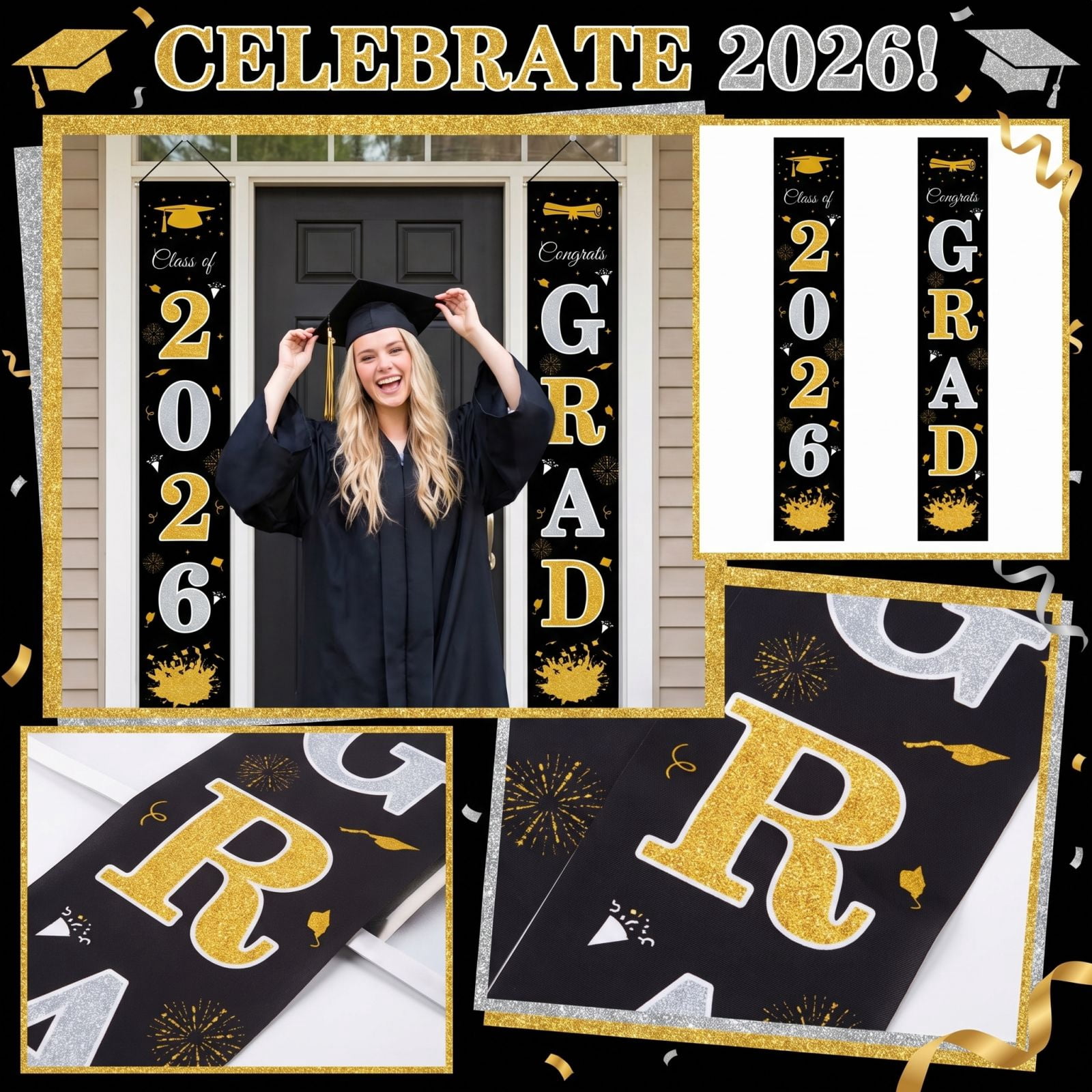 Graduation Yard Signs Class of 2026, Black and Gold Graduation Banners ...