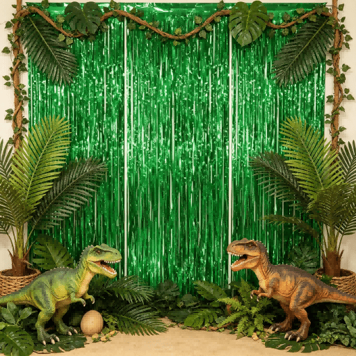 Graduation and birthday party backdrop: green tinsel foil fringe streamers, 3pcs, 8.2 FT, jungle golf football theme, vibrant green color, lightweight and shimmering metallic finish