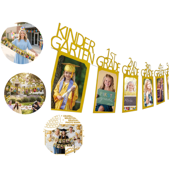 Graduation photo frame banner, Graduation Decorations Graduation Party Supplies - Congrats Grad, K-12th Grade Graduation Photo Banner Gold