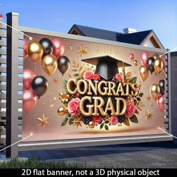 Graduation season bachelor's cap flower-themed banner, indoor and outdoor celebration decorative background cloth, 71x43 inches, graduation wall flag hanging, rose balloon and golden text design, sui
