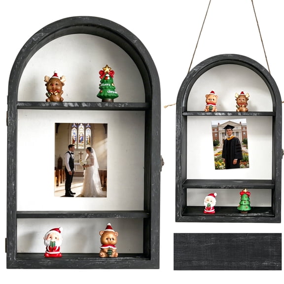 CFCSRP Shadow Box Frame 10x16 Arch-Shaped Display Cases with Linen Back and Removable Shelves, Picture Frame Wedding Bouquet Memorabilia Medals Photos Memory Box for Keepsakes(Old Black)