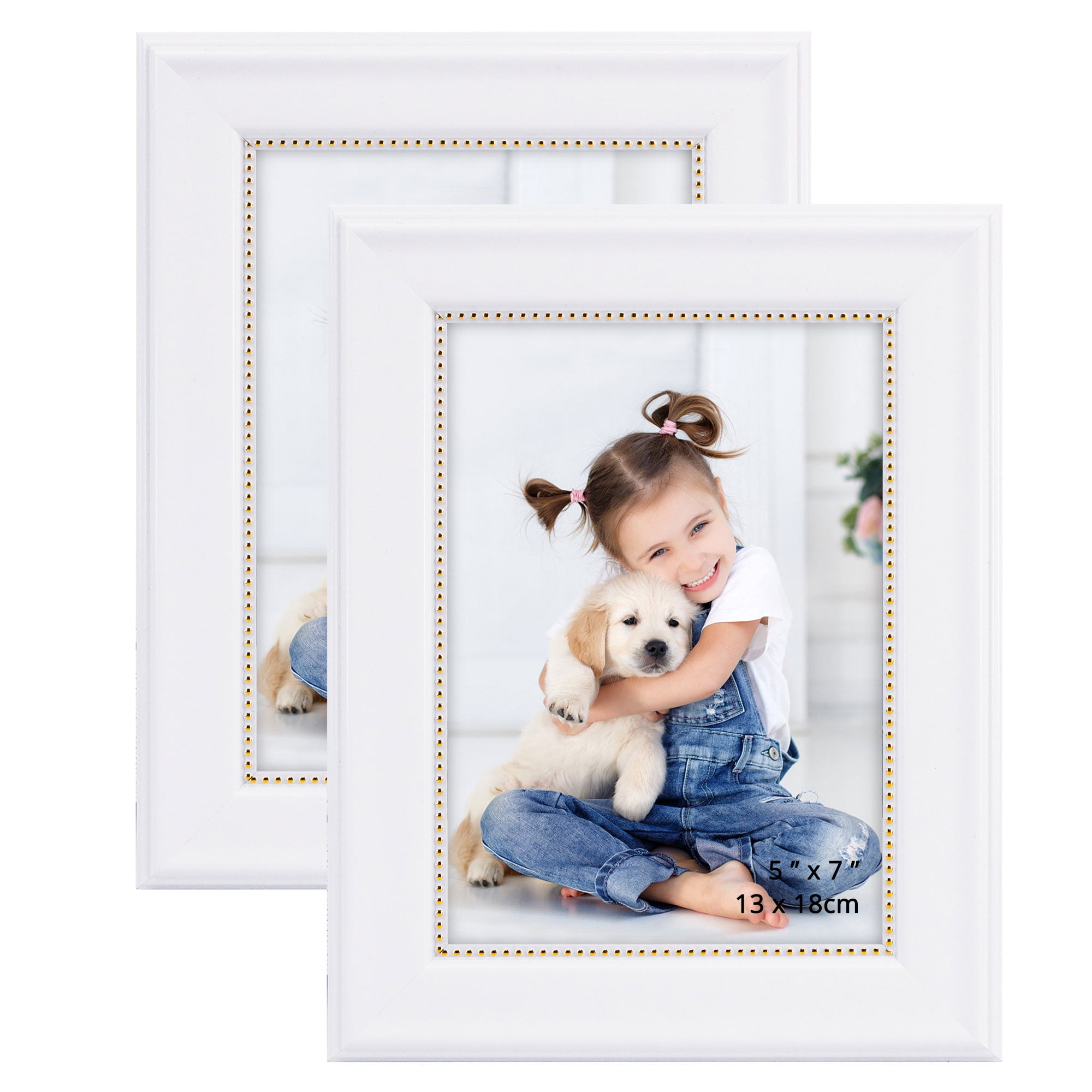 GraduationMall White with Gold Beads 5x7 Picture Frames for Wall or Tabletop 2-Pack