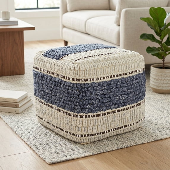 Simpli Home Grady 18 inch Wide Contemporary Square Pouf in Blue and Natural Handloom Wool and Cotton