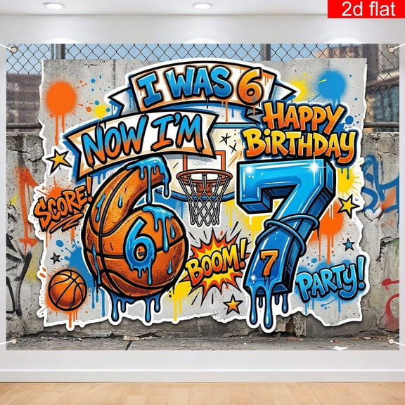 Graffiti 7th Birthday Backdrop I was 6 Now I'm 7 Hip-Hop Background for Boys Spray Paint Street Art Basketball 6 7 Birthday Party Decorations Banner Supplies Photo Booth Props