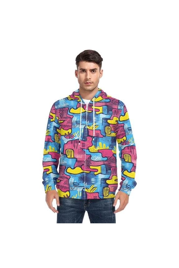 Graffiti Abstract Style Men’s Hoodies Sweatshirt with Full Zip Pockets Fleece Jackets