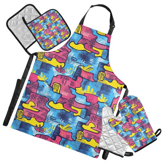 Graffiti Abstract Style Oven Mitts and Pot Holders with Chef Apron Set 5 Pcs Kitchen Cooking Set