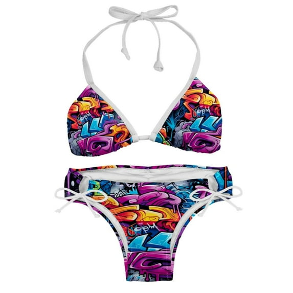 Graffiti Adjustable Strap Bikini Set with Detachable Sponge, Two-Pack - Ideal for All Swim Suit Scenes
