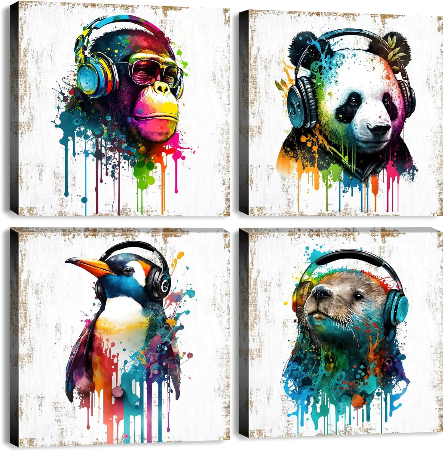 Graffiti Animal Canvas Wall Art Kids Room Watercolor Chimpanzee Panda ...