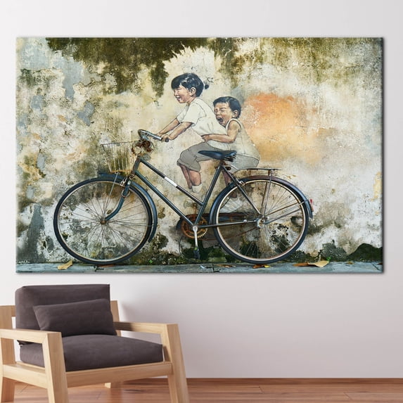 Graffiti Art Canvas, Modern Canvas Art, Abstract Canvas Art, Fashion Art Canvas, Penang Malaysia Art, Children On Bike Canvas Art, Canvas Wall Decor - 3P-Natural Framed