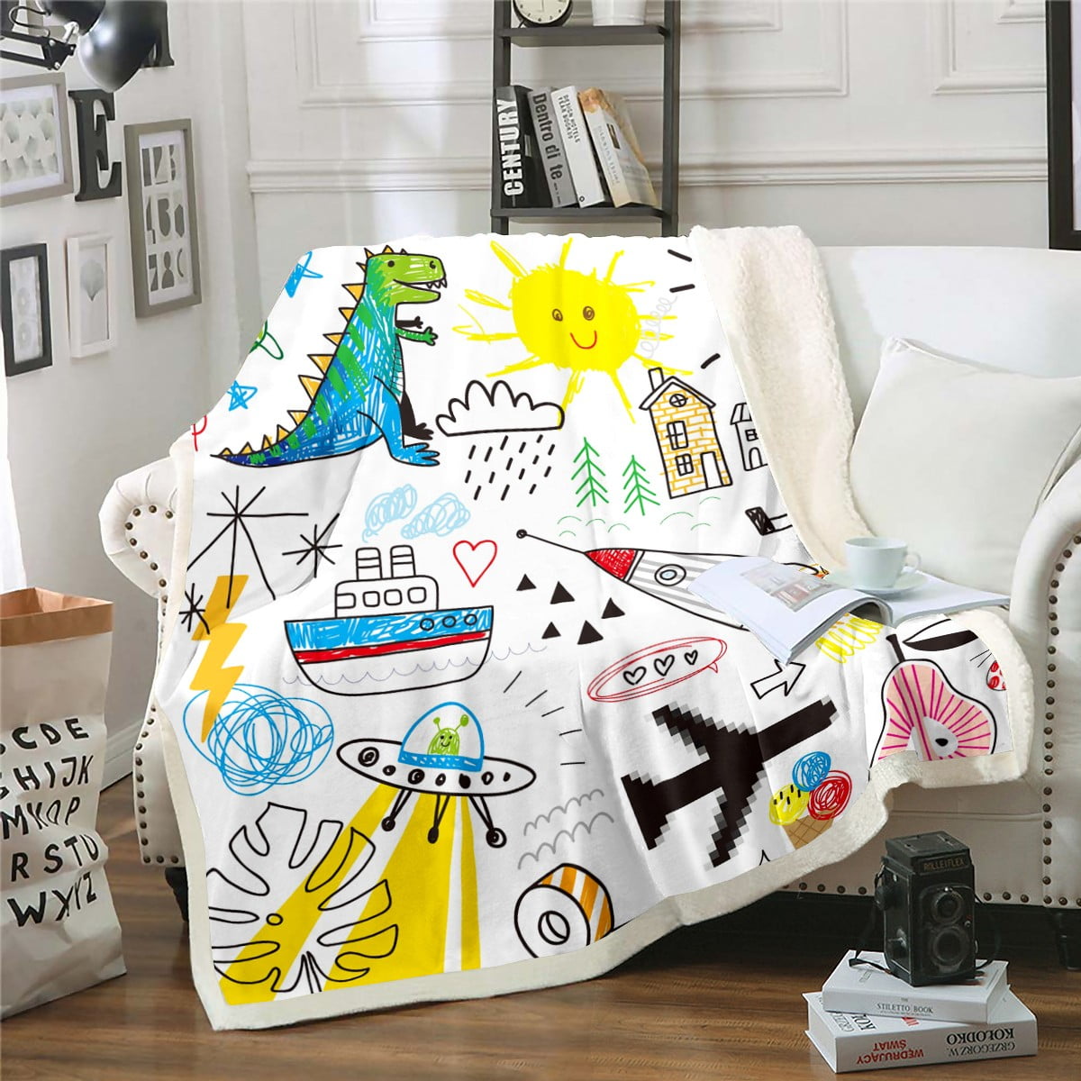 Graffiti Art Kawaii Throw Blanket Cartoon Dinosaur Blanket 60"x80