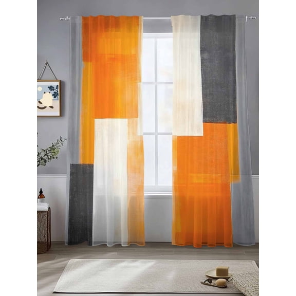 Graffiti Art Sheer Curtains 108 Inches Long 2 Panels Abstract Orange Gary Color Stitching Light Filtering Semi Sheer Window Curtains Drapes for Bedroom Living Room 52"x108"