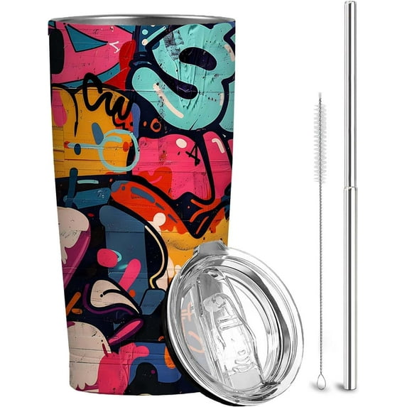 Graffiti Art Tumbler 20oz | Stainless Steel Insulated Travel Cup with Leak-Proof Lid and Telescopic Straw | Home Mug for Coffee and Tea | Birthday and Christmas Gifts for Men and Women