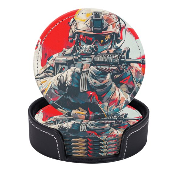 PU Leather Coasters for Drinks Bar Beer,Set of 6 with Holder,Round Housewarming Gift,Graffiti Artwork Depicting American Soldier In Full Gear