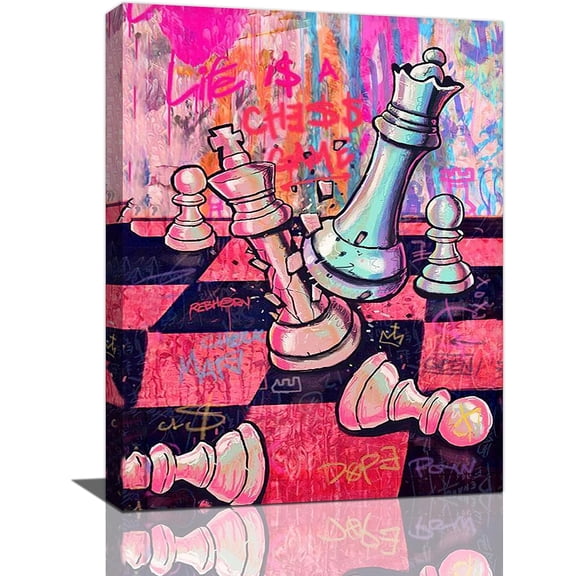 Graffiti Banksy Chess Decor Wall Art Chess Game Room Wall Art International Chess Pictures Canvas Painting Pop Art Framed Artwork for Game Room Living Room Bedroom 12''''x16'''', Pinkche1