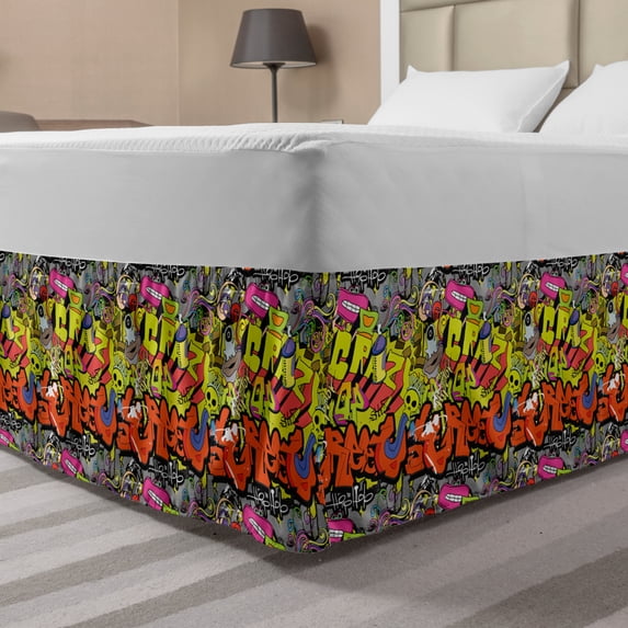 Graffiti Bed Skirt, Contemporary Style Hip Hop Funky Grunge Culture Skull Underground Illustration, Elastic Bedskirt Dust Ruffle Wrap Around for Bedding Decor, 4 Sizes, Multicolor, by Ambesonne